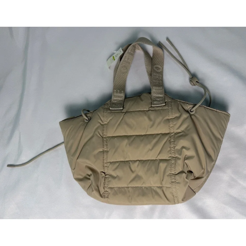 Aerie Womens Tan Quilted Puffer Tote Cinch Bag Logo Handles NEW